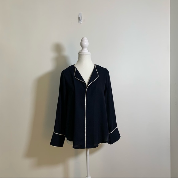 Navy Chiffon Long sleeve Blouse - Picture 1 of 10